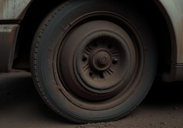 Cerchione di un'auto prima della pulizia, coperto di polvere di freno